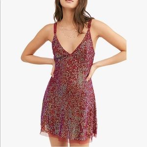 Free People Intimately Womens Gold Rush Sequined Tie Back Mini Dress in Burgundy